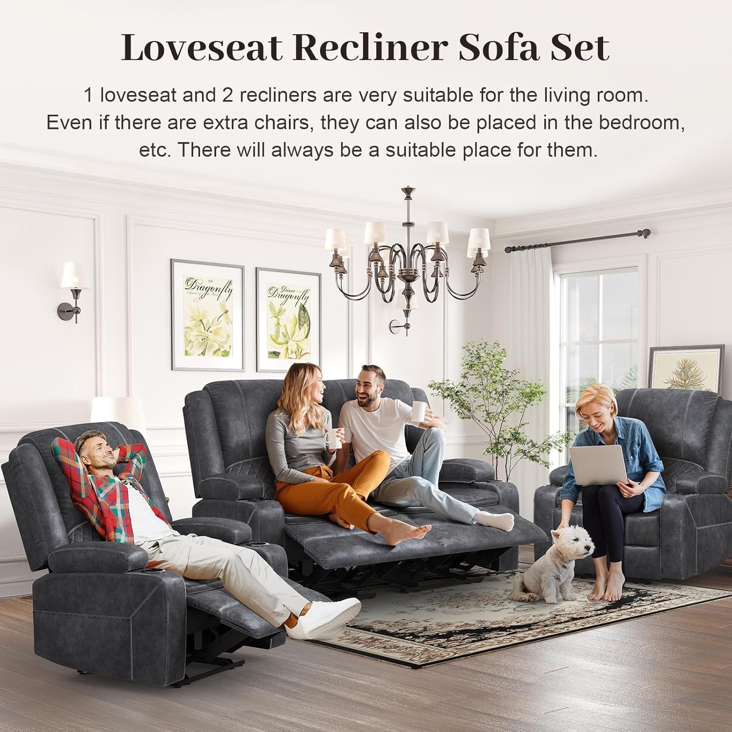Grey Leather Reclining Loveseat Sofa Set With Console And Two Chairs