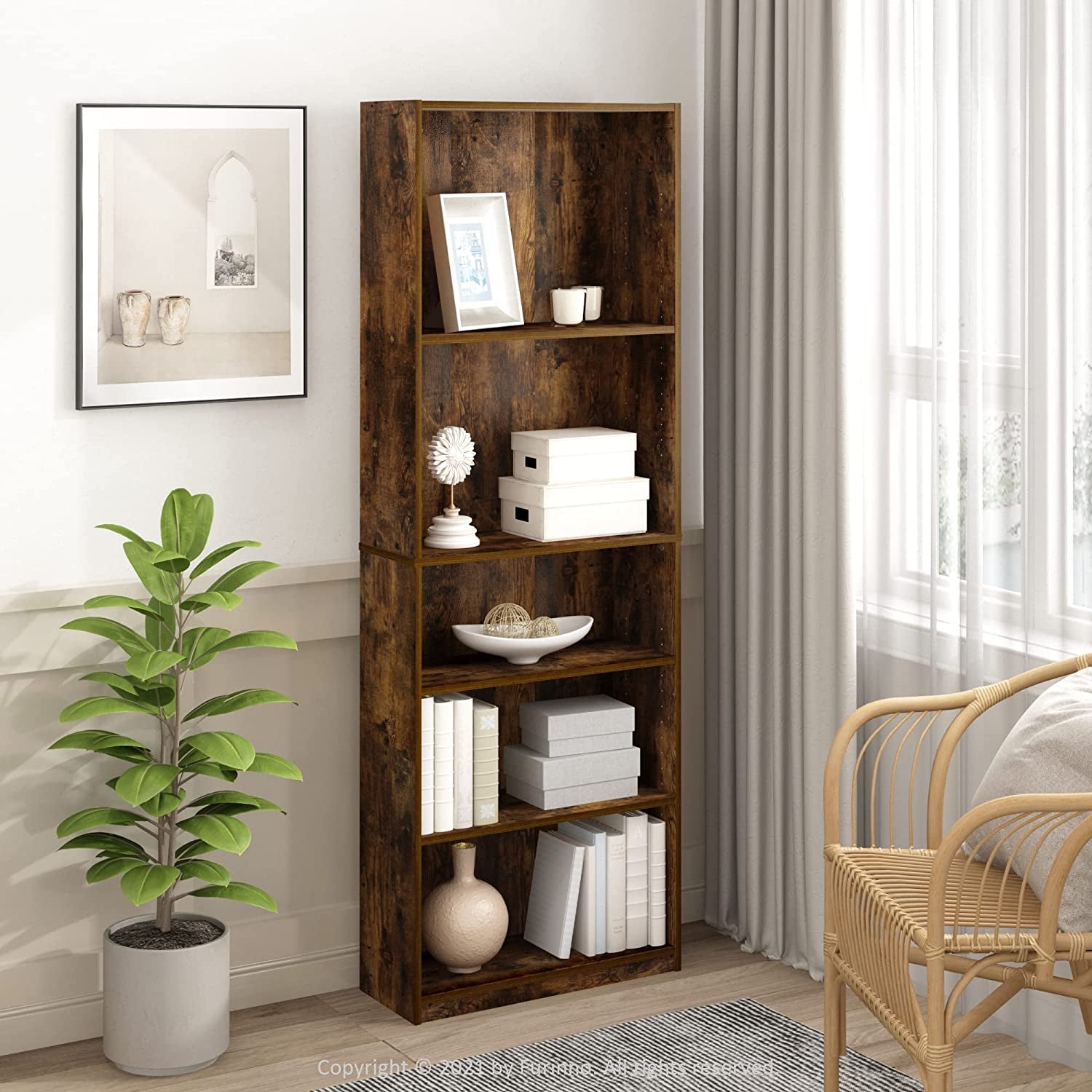 Amber Pine Adjustable 5-Tier Bookcase With Durable Shelves