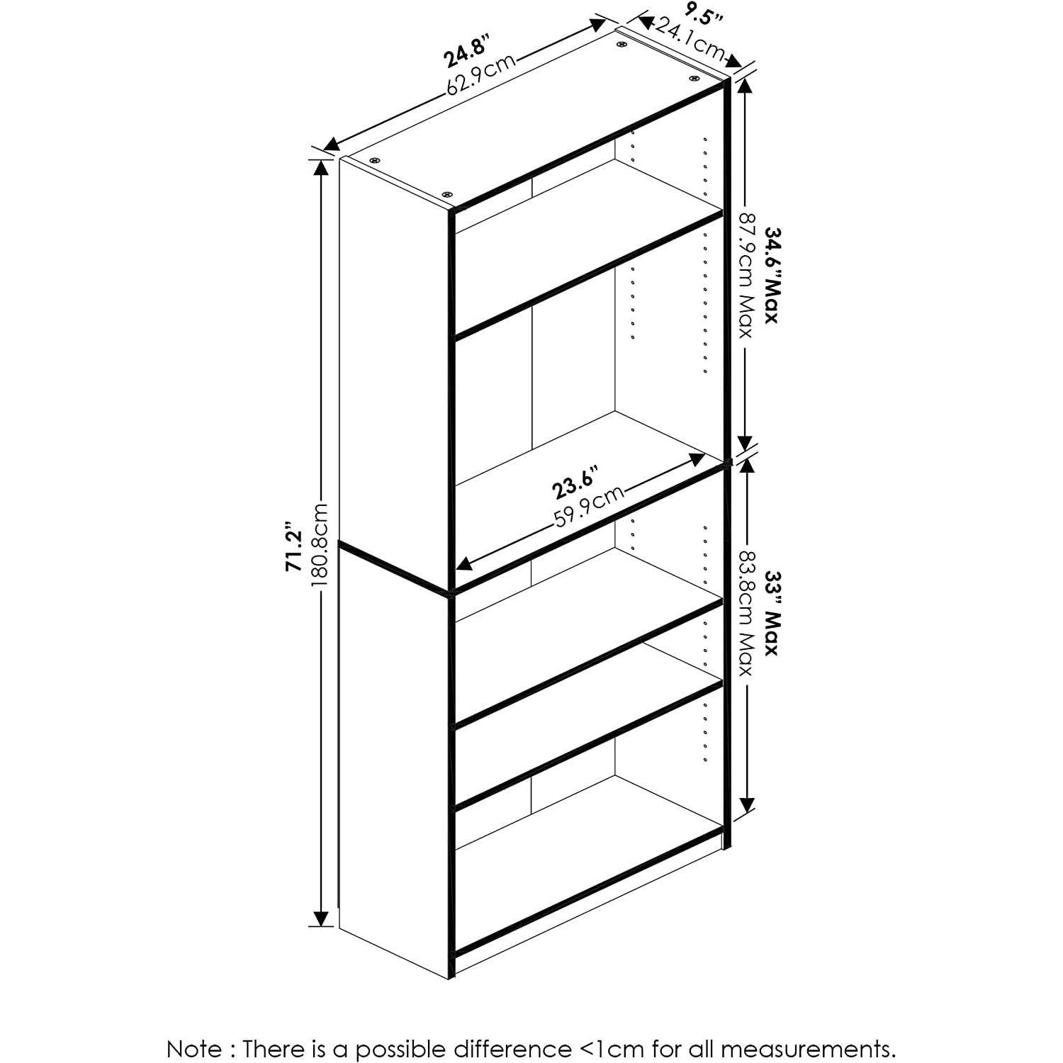 Amber Pine Adjustable 5-Tier Bookcase With Durable Shelves
