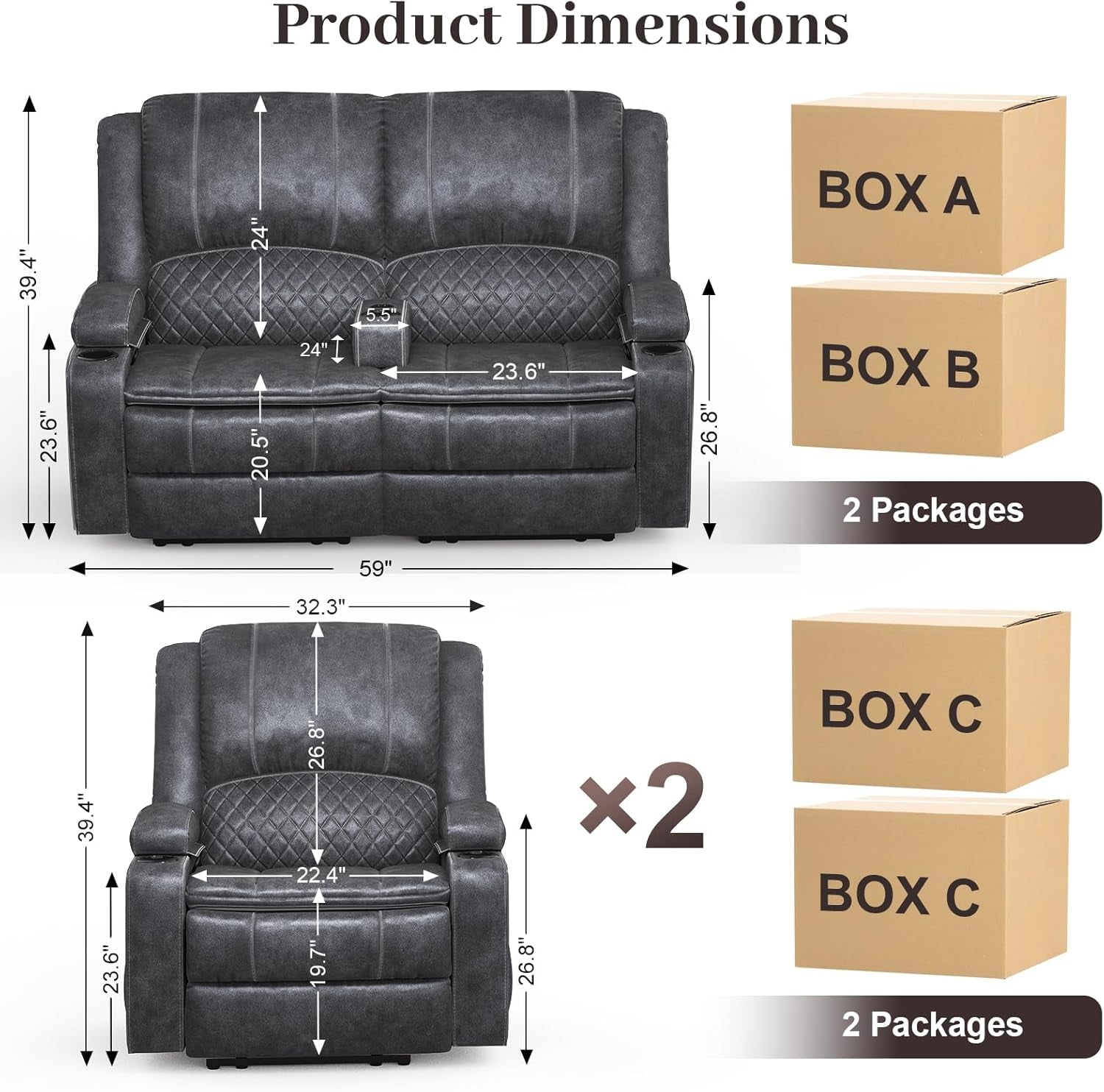 Grey Leather Reclining Loveseat Sofa Set With Console And Two Chairs