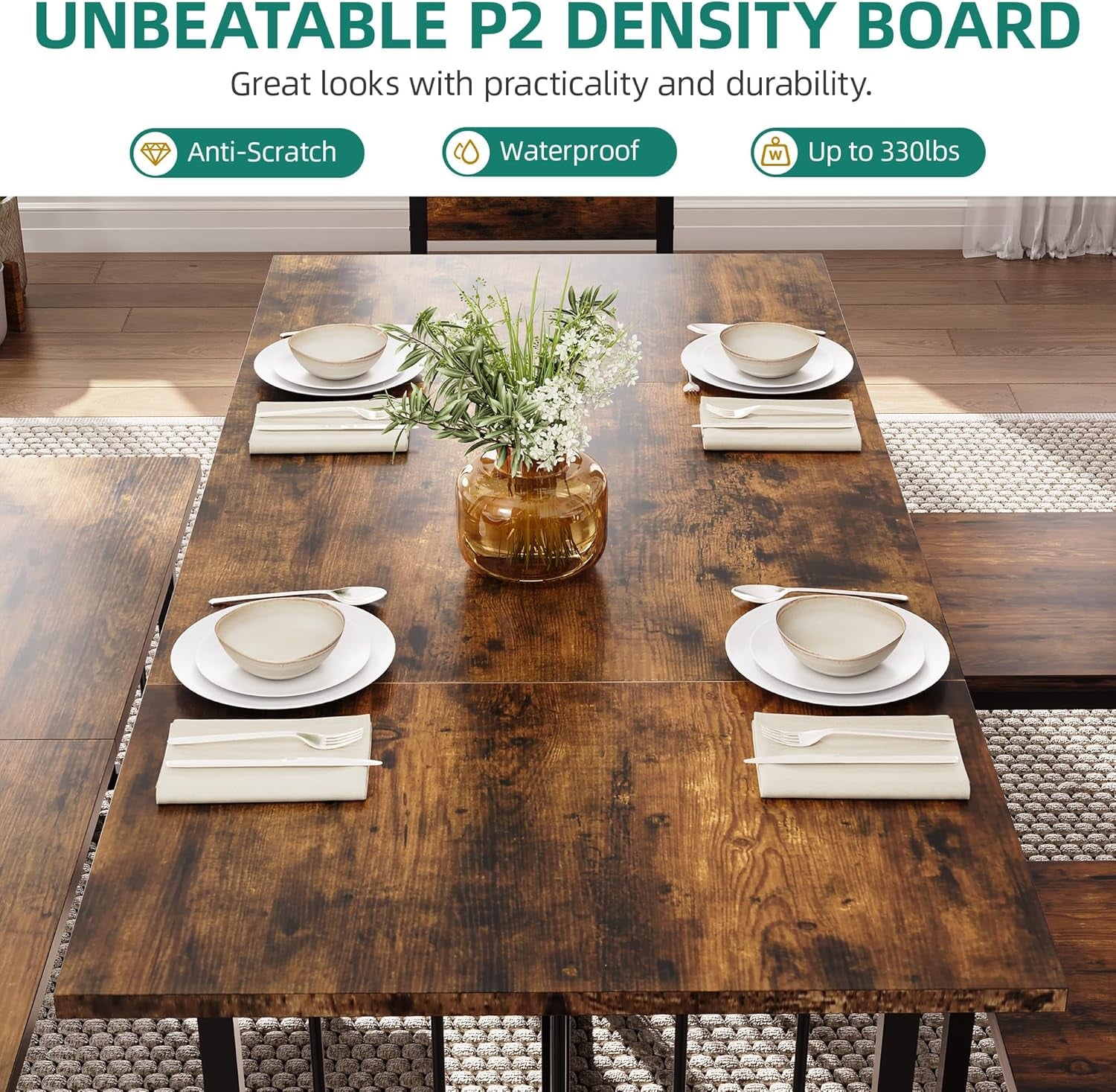63 Inches Luxurious Farmhouse Dining Table Set Walnut