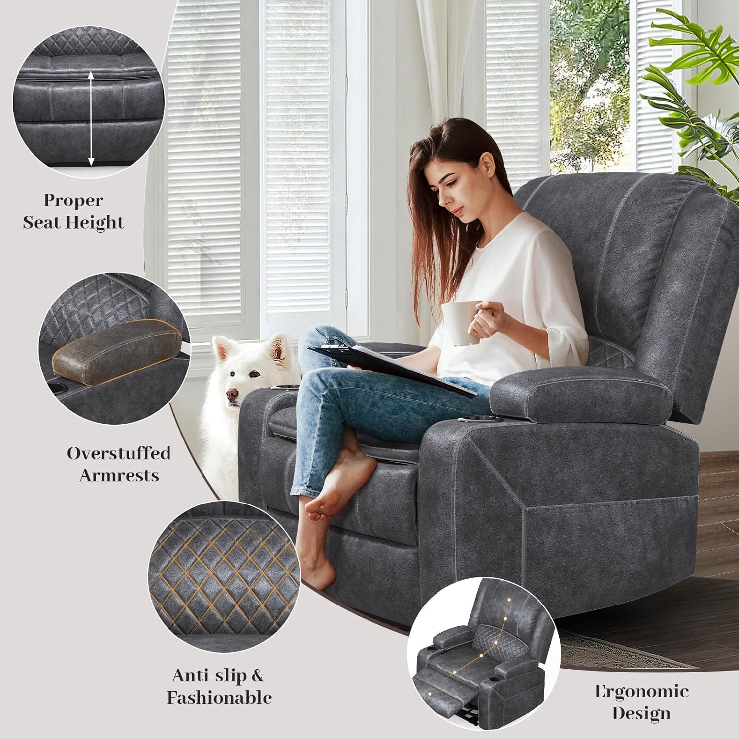 Grey Leather Reclining Loveseat Sofa Set With Console And Two Chairs