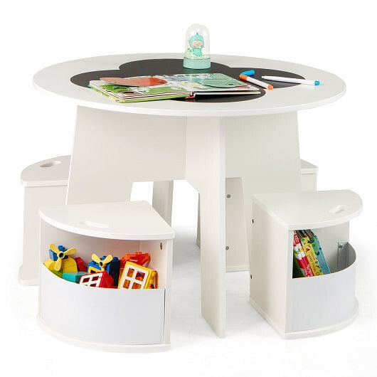 5 PCS Kids Table and Chair Set with Storage Stools for Activity-White