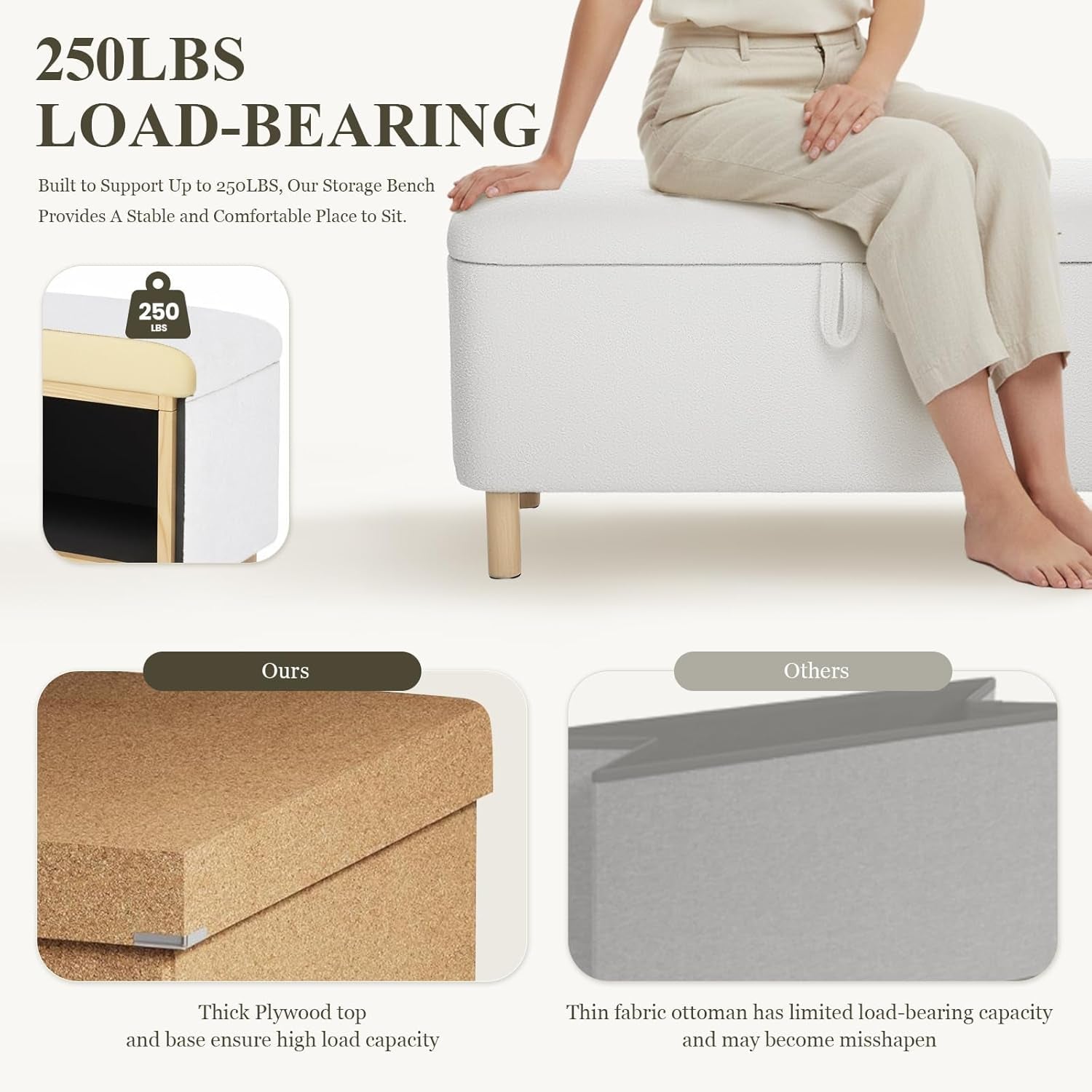 Cream Storage Ottoman Bench With Hidden Compartments