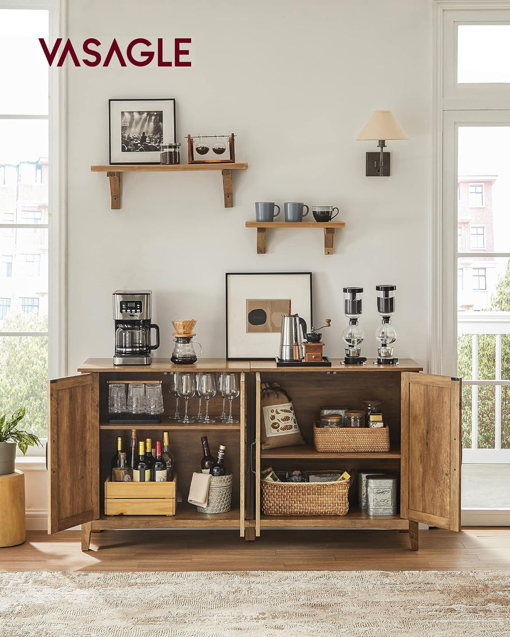 Rustic Walnut Buffet Cabinet With Adjustable Shelves